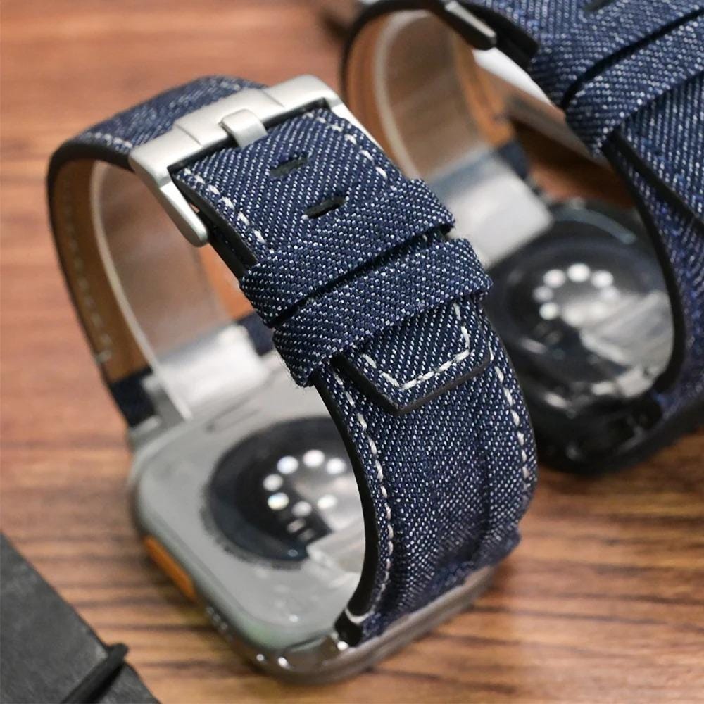 Apple Watch Denim Fabric Strap, Vintage Jean Leather Watch Band, Men's Bracelet