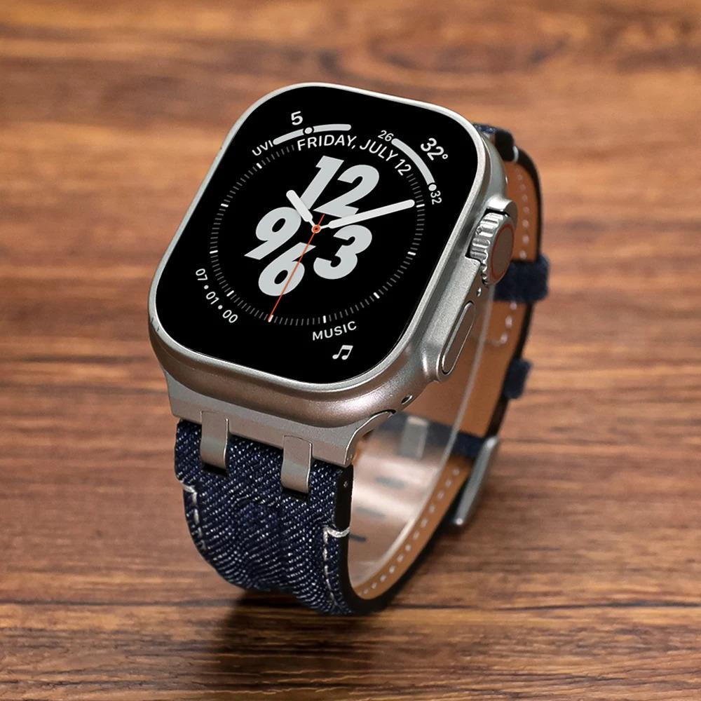 Apple Watch Denim Fabric Strap, Vintage Jean Leather Watch Band, Men's Bracelet