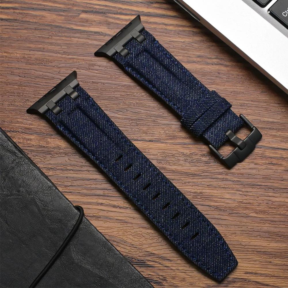 Apple Watch Denim Fabric Strap, Vintage Jean Leather Watch Band, Men's Bracelet
