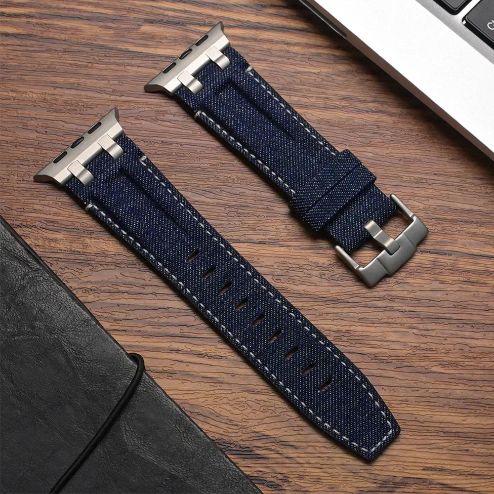 Apple Watch Denim Fabric Strap, Vintage Jean Leather Watch Band, Men's Bracelet