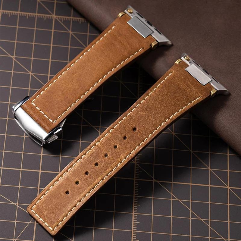 Apple Watch Genuine Leather Band, Vintage Brown Leather Strap 42mm 44mm 45mm 46mm 49mm