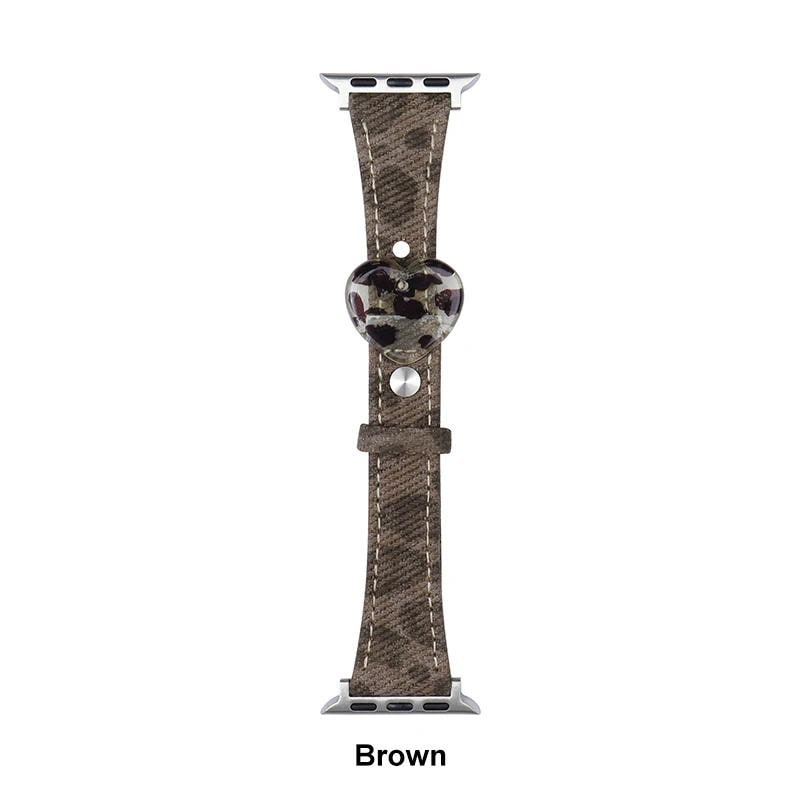 Apple Watch Y2K Retro Leopard Heart Charm Band - Vintage Leather Strap 38mm 40mm 41mm 42mm 44mm 45mm 46mm 49mm