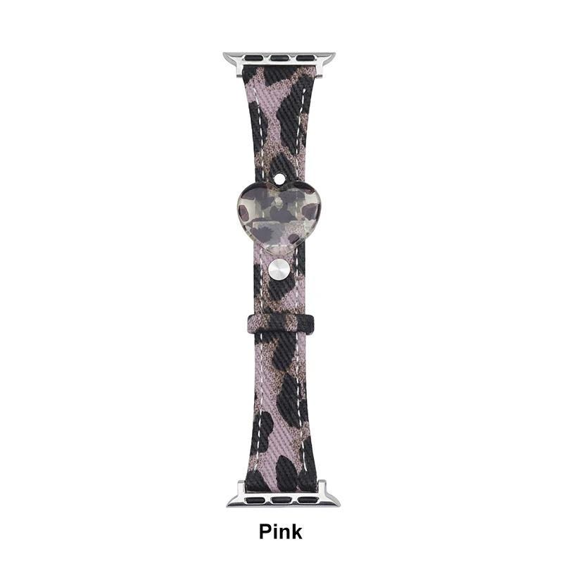 Apple Watch Y2K Retro Leopard Heart Charm Band - Vintage Leather Strap 38mm 40mm 41mm 42mm 44mm 45mm 46mm 49mm