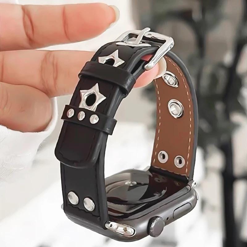 Genuine Leather Apple Watch Band, Star Studded Punk Style Strap