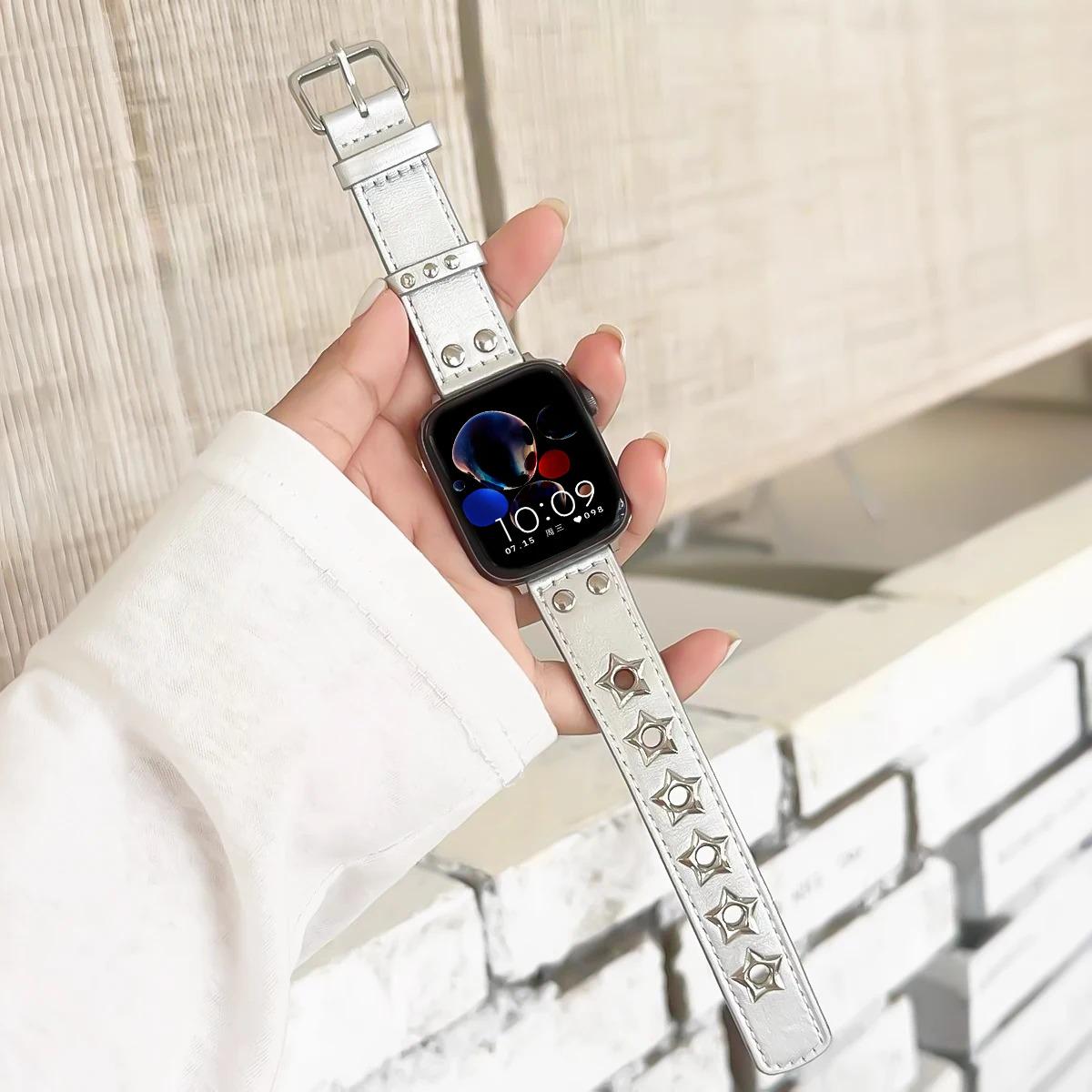 Genuine Leather Apple Watch Band, Star Studded Punk Style Strap