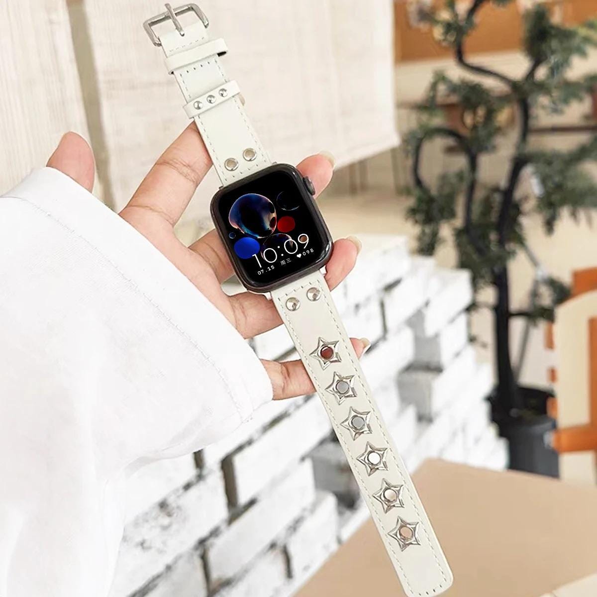 Genuine Leather Apple Watch Band, Star Studded Punk Style Strap
