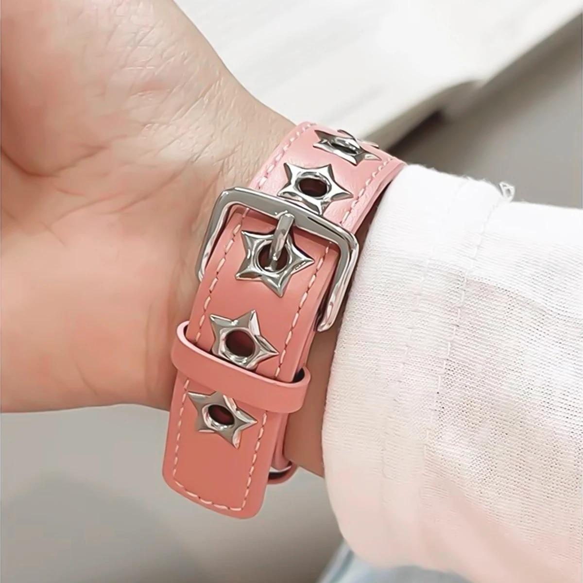 Genuine Leather Apple Watch Band, Star Studded Punk Style Strap