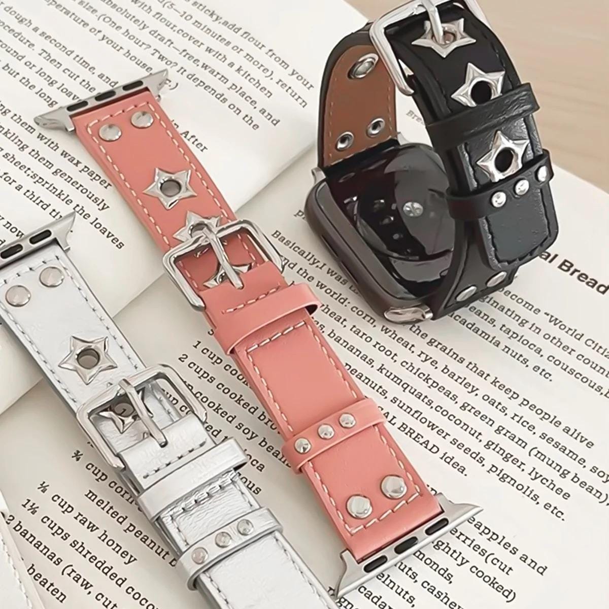 Genuine Leather Apple Watch Band, Star Studded Punk Style Strap