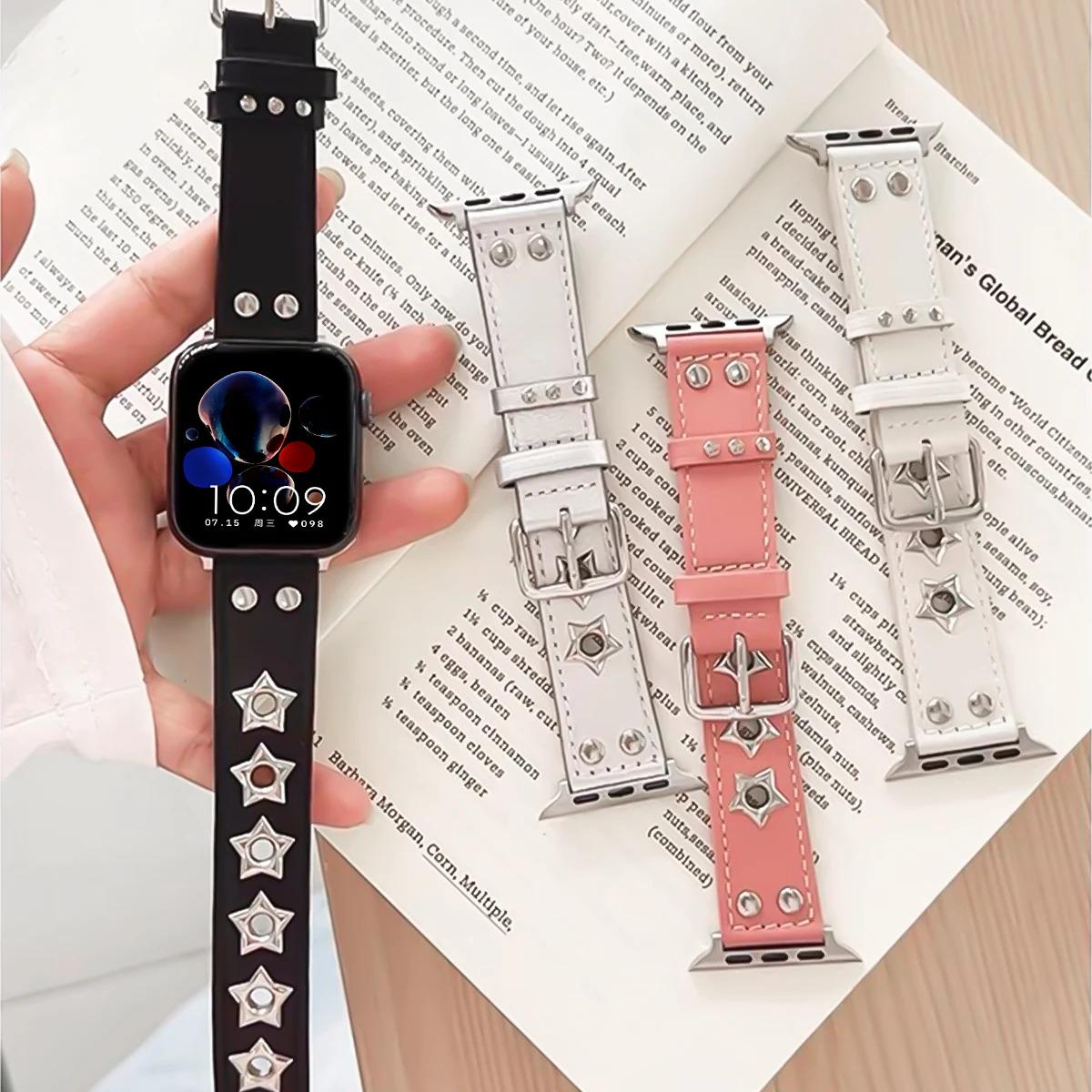 Genuine Leather Apple Watch Band, Star Studded Punk Style Strap