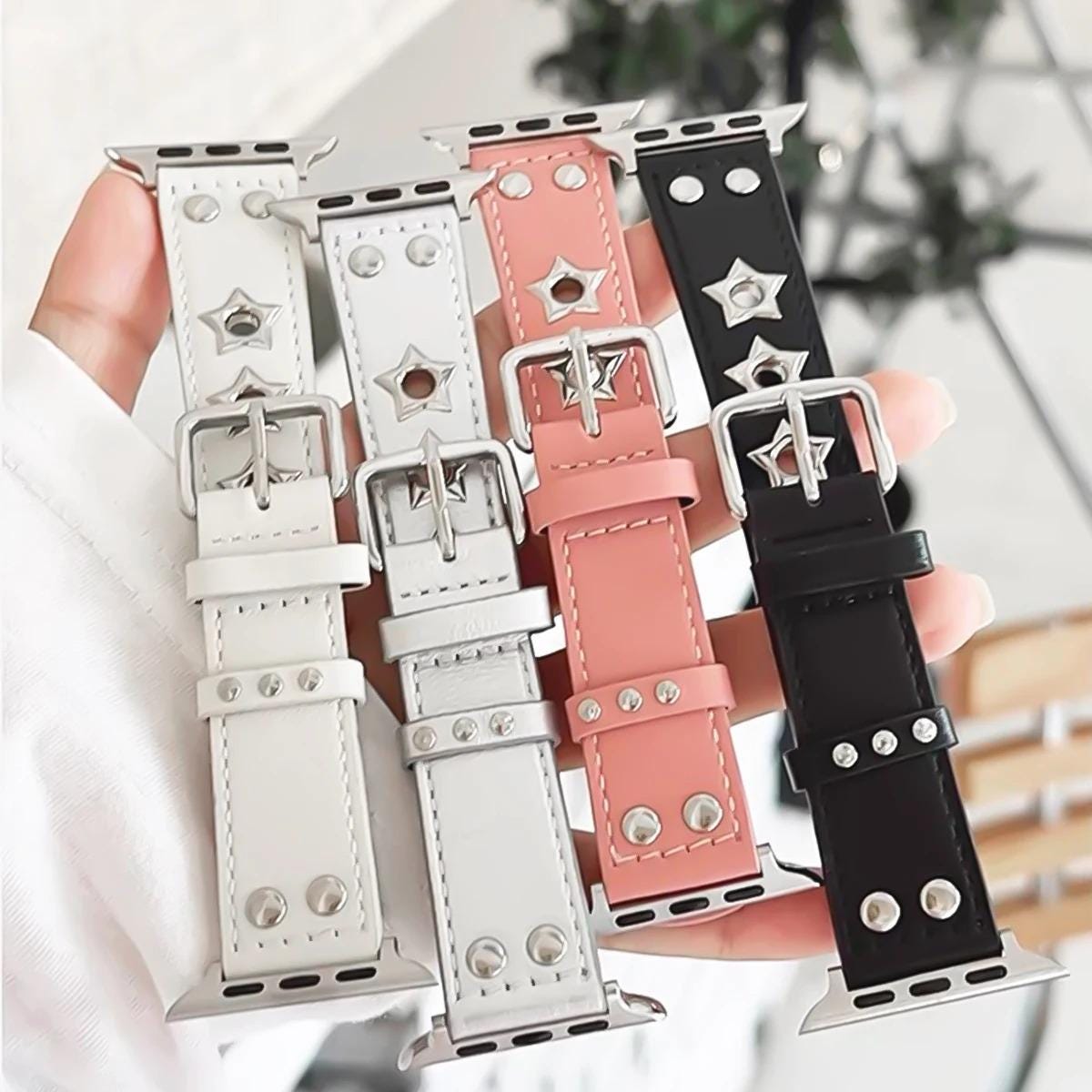 Genuine Leather Apple Watch Band, Star Studded Punk Style Strap