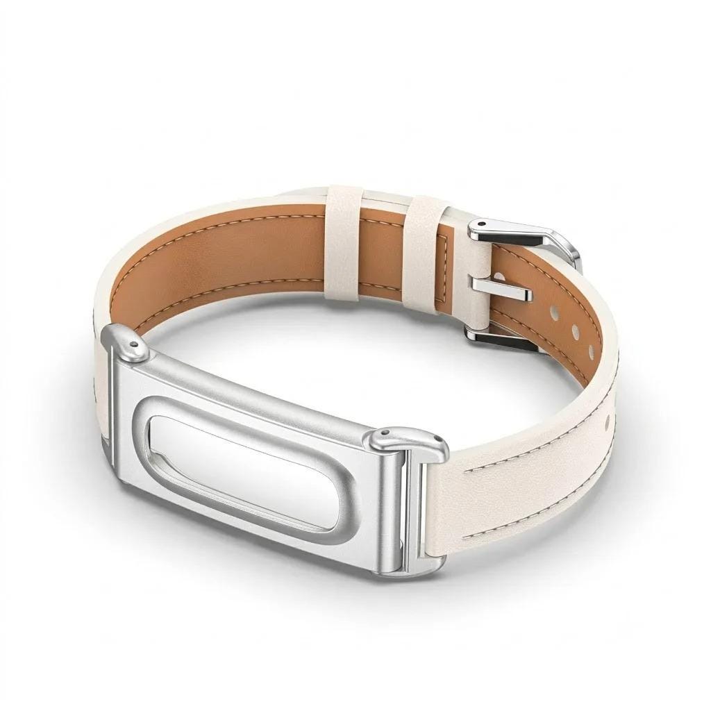 Beige Google Fitbit Air microfiber leather band with metal protective case