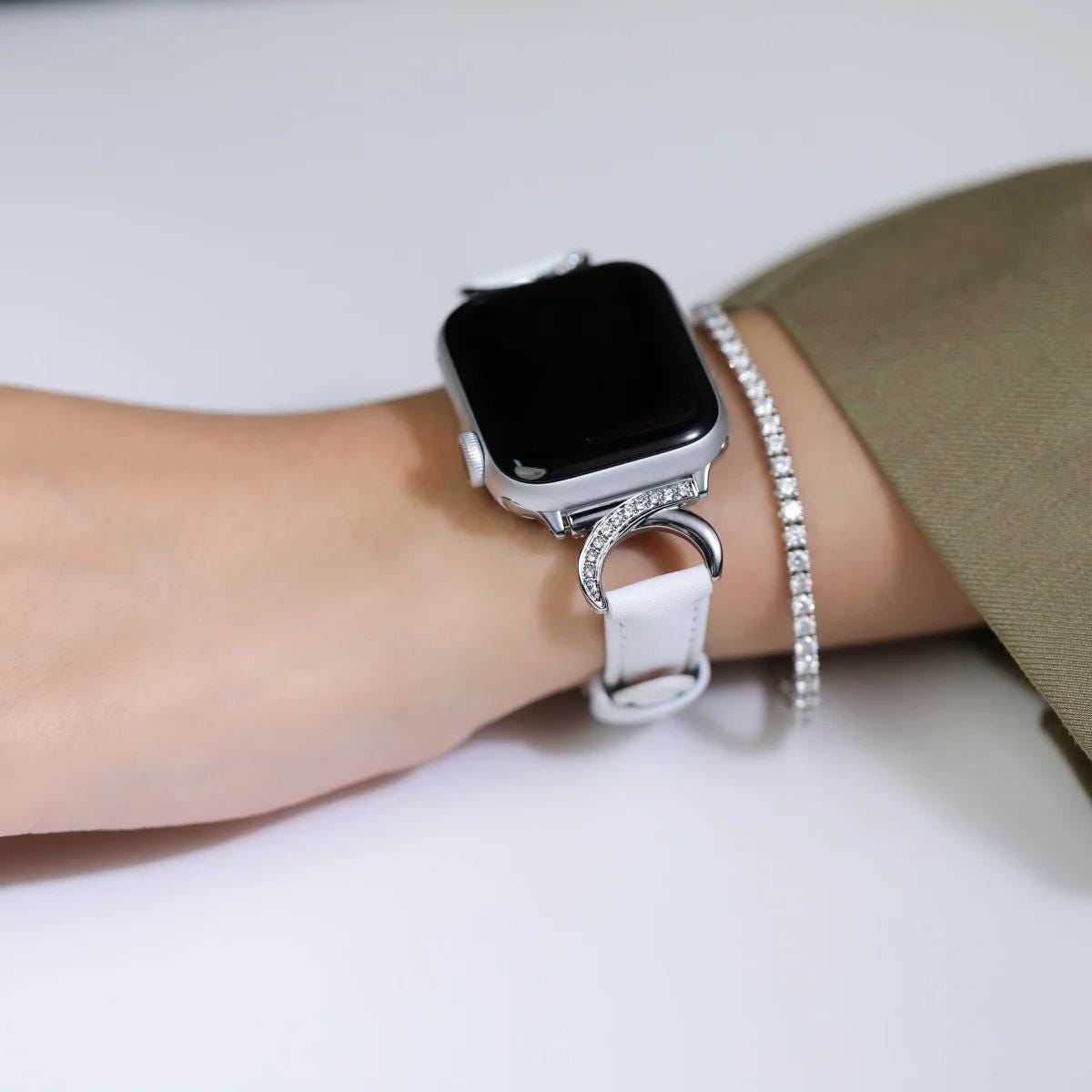 Crystal Rhinestone Apple Watch Band Women - Luxury Gold Leather Strap, Sparkly Apple Watch Bracelet Band