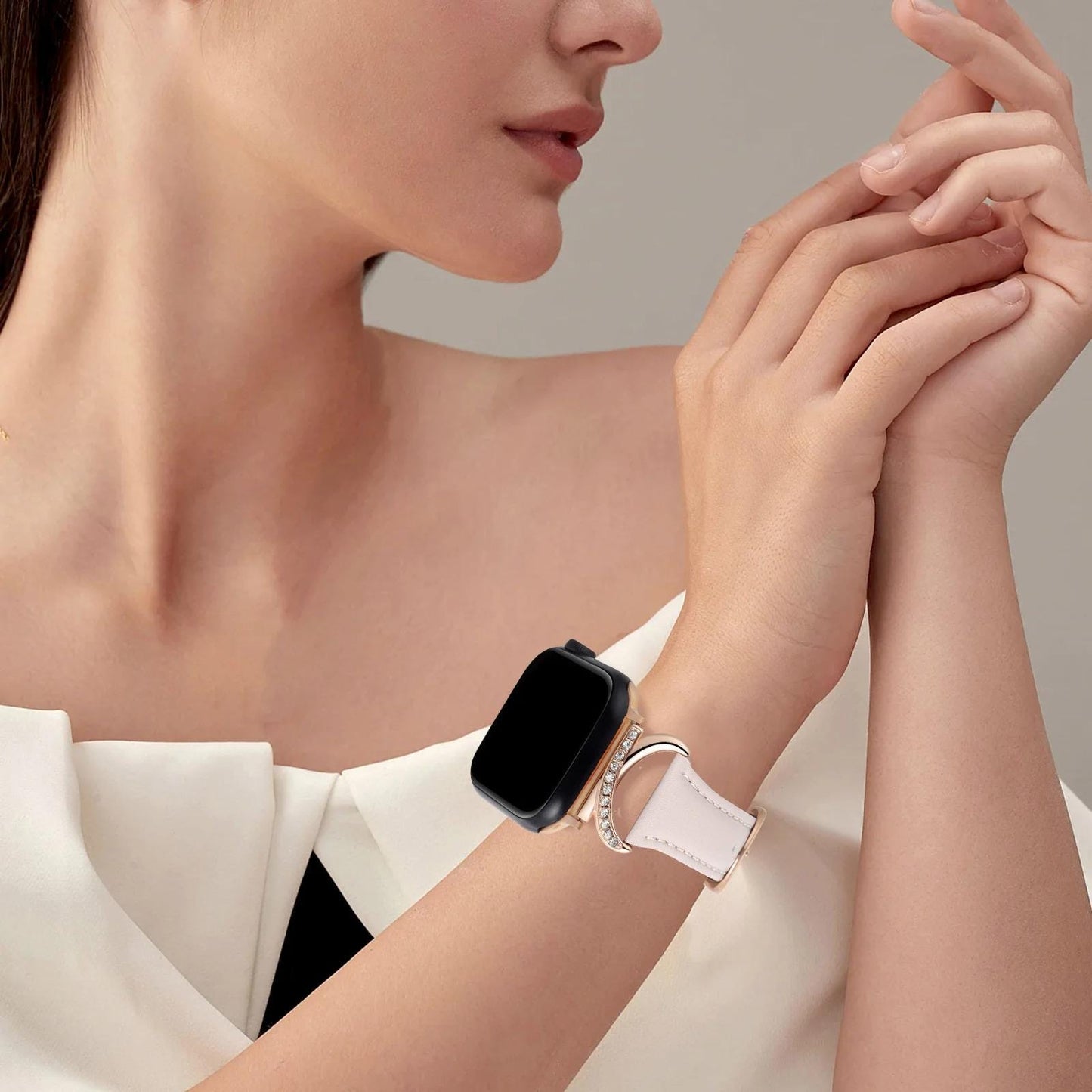 Crystal Rhinestone Apple Watch Band Women - Luxury Gold Leather Strap, Sparkly Apple Watch Bracelet Band