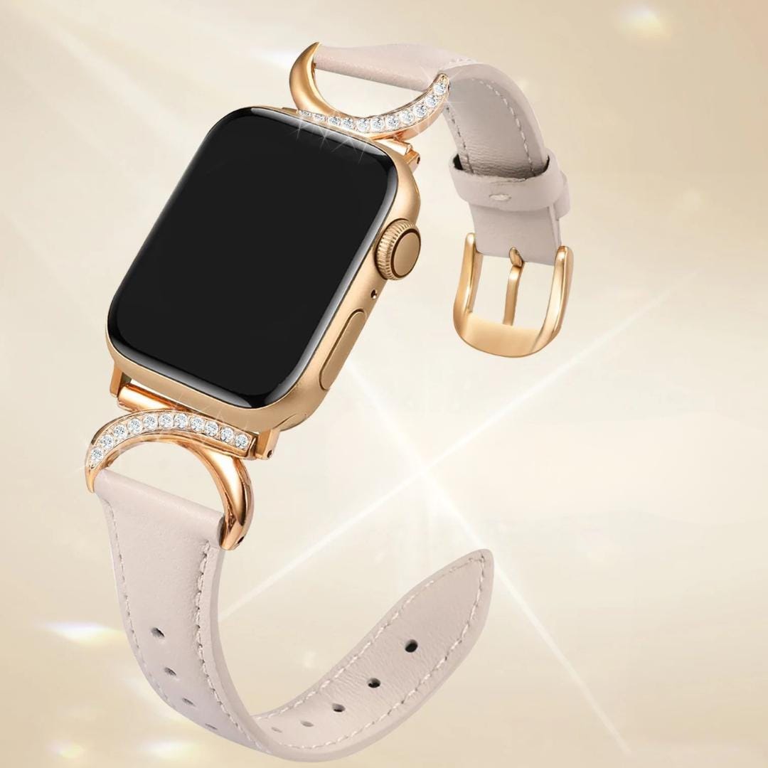 Crystal Rhinestone Apple Watch Band Women - Luxury Gold Leather Strap, Sparkly Apple Watch Bracelet Band