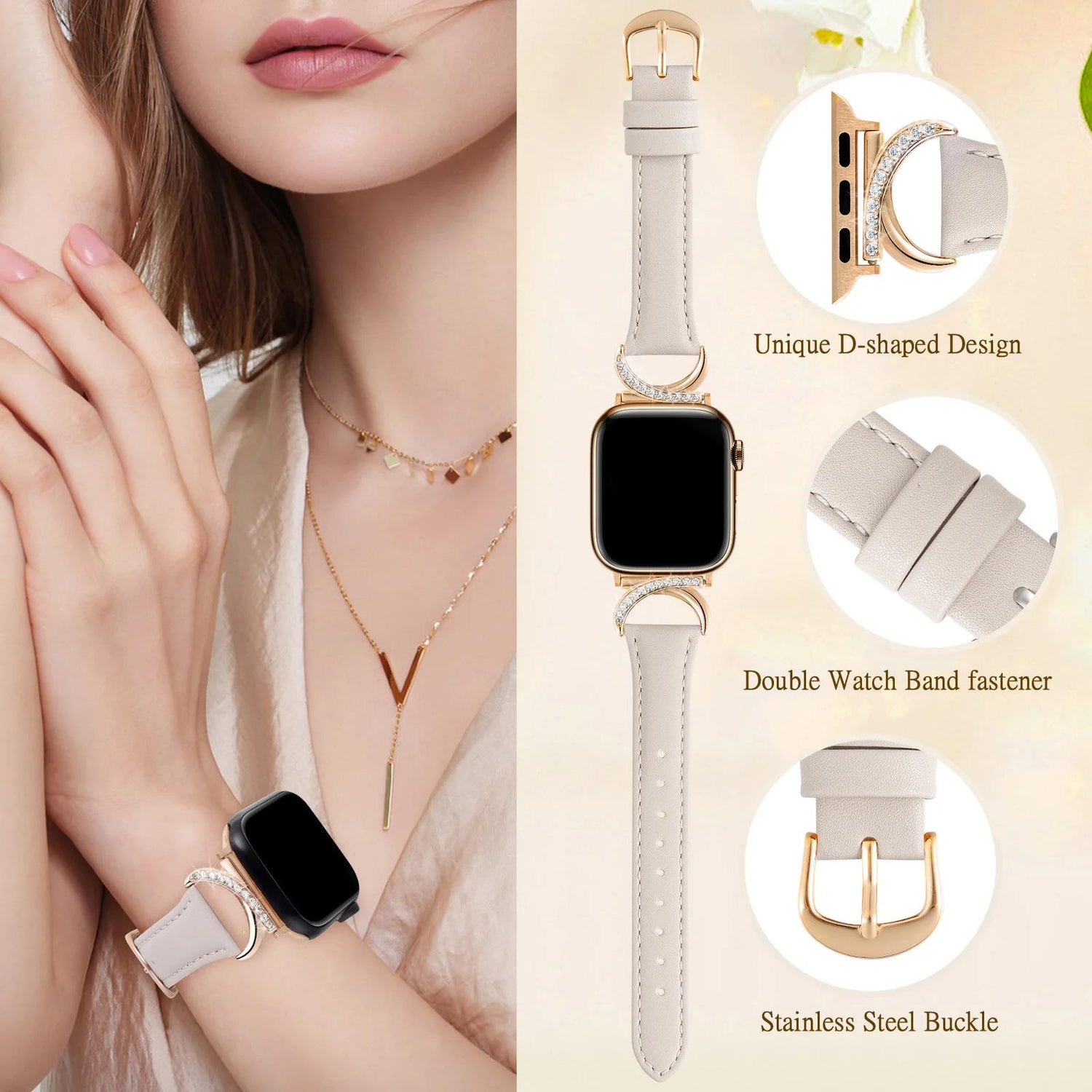 Crystal Rhinestone Apple Watch Band Women - Luxury Gold Leather Strap, Sparkly Apple Watch Bracelet Band