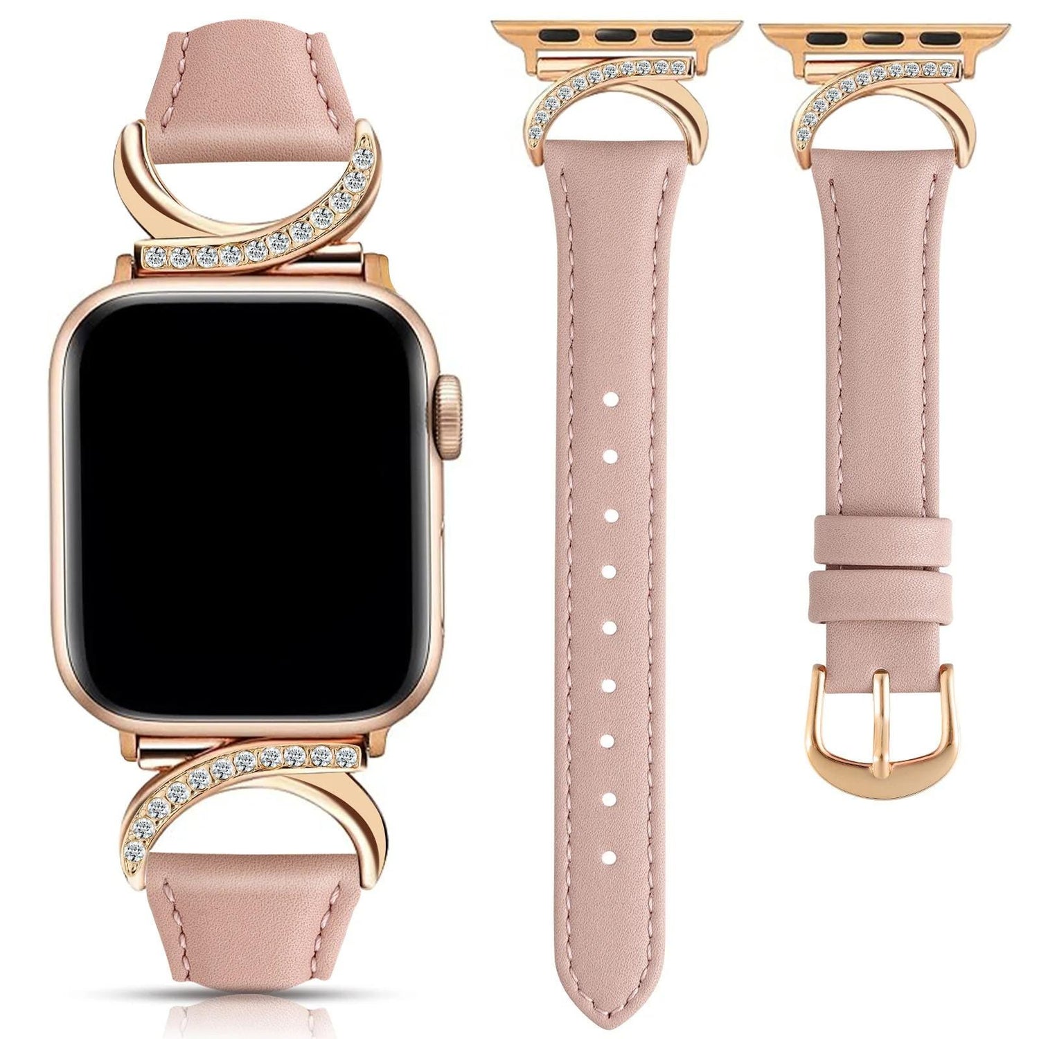 Crystal Rhinestone Apple Watch Band Women - Luxury Gold Leather Strap, Sparkly Apple Watch Bracelet Band