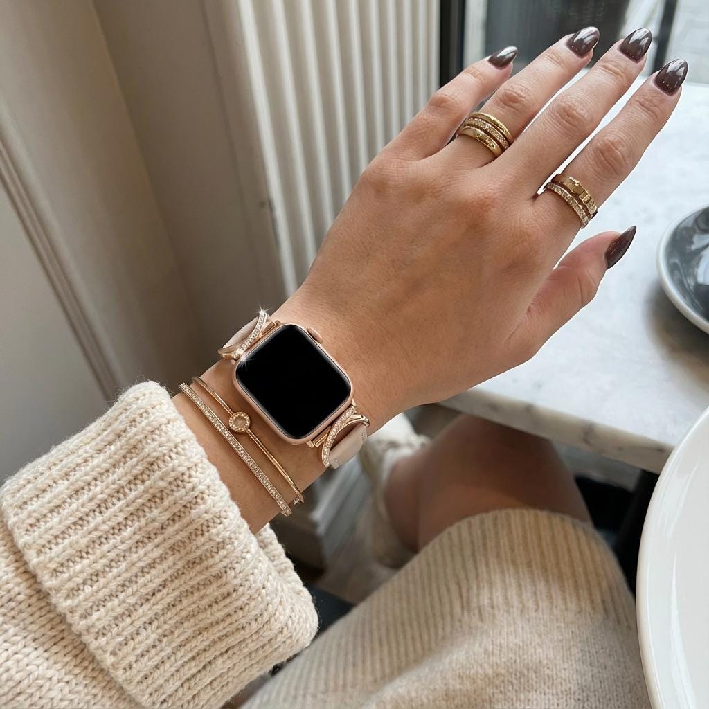 Crystal Rhinestone Apple Watch Band Women - Luxury Gold Leather Strap, Sparkly Apple Watch Bracelet Band