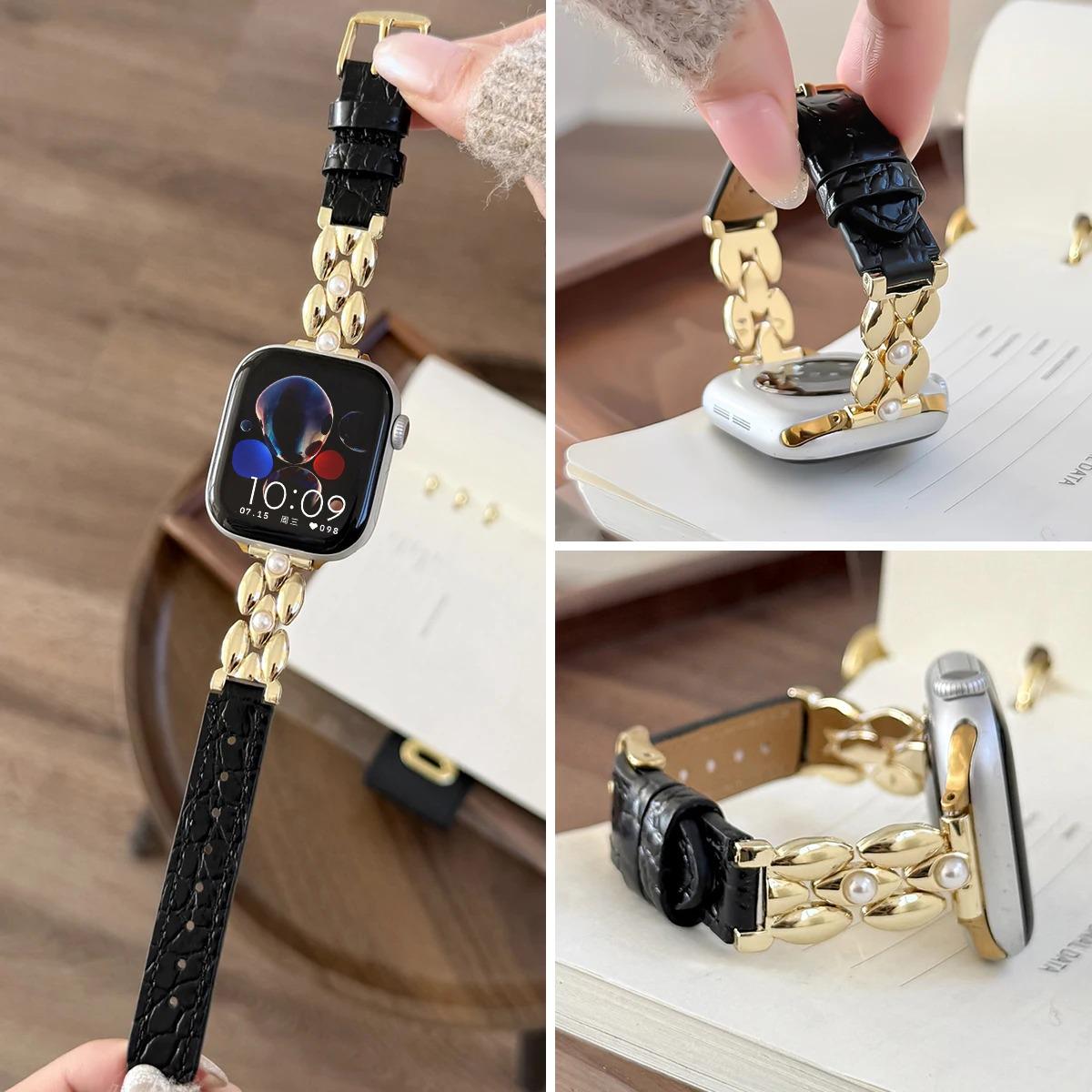 Pearl Leather Apple Watch Band, Elegant Jewelry Style Apple Watch Strap
