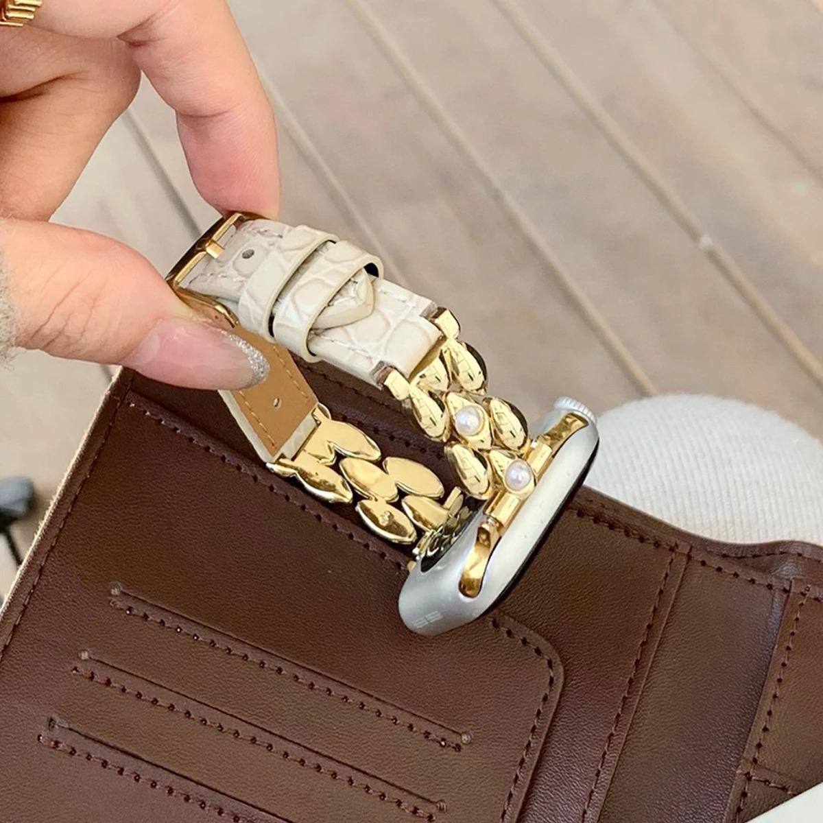 Pearl Leather Apple Watch Band, Elegant Jewelry Style Apple Watch Strap