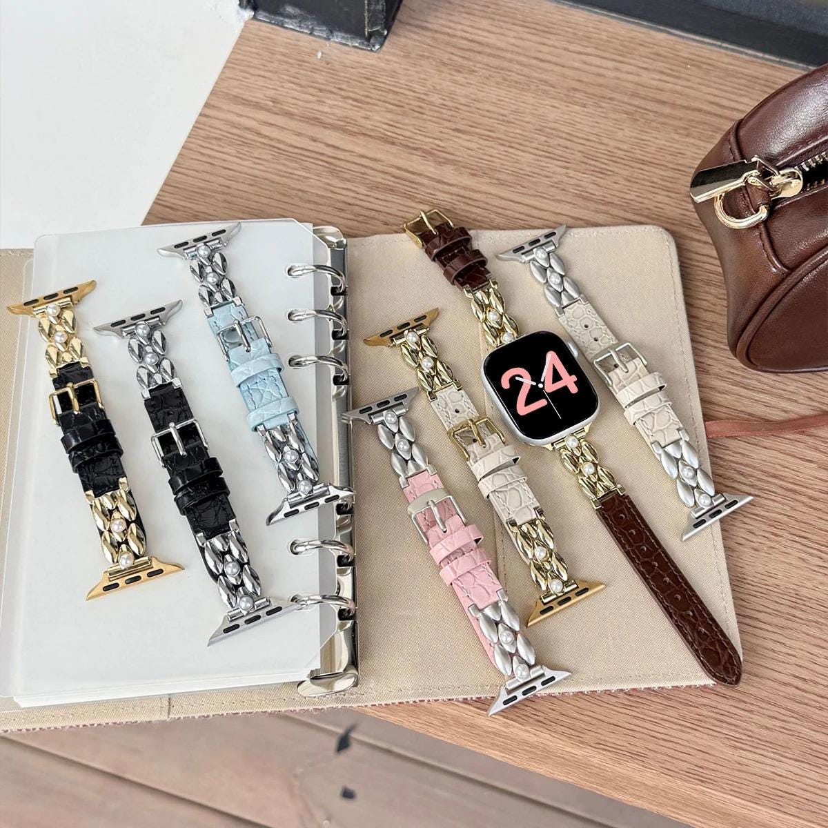 Pearl Leather Apple Watch Band, Elegant Jewelry Style Apple Watch Strap