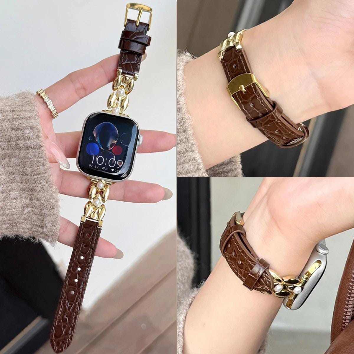 Pearl Leather Apple Watch Band, Elegant Jewelry Style Apple Watch Strap