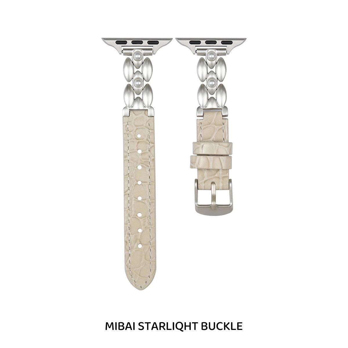 Pearl Leather Apple Watch Band, Elegant Jewelry Style Apple Watch Strap