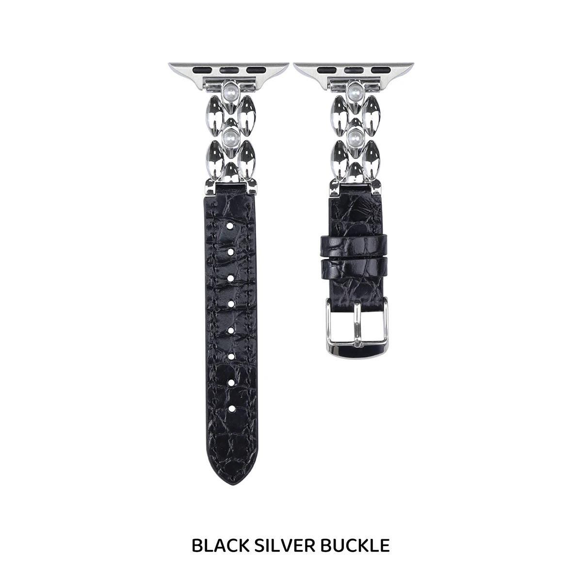 Pearl Leather Apple Watch Band, Elegant Jewelry Style Apple Watch Strap