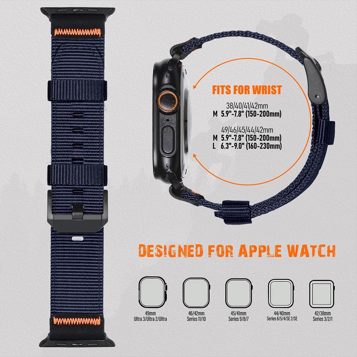 Men's Rugged Tactical Nylon Watch Band for Apple Watch Ultra, Sport Strap