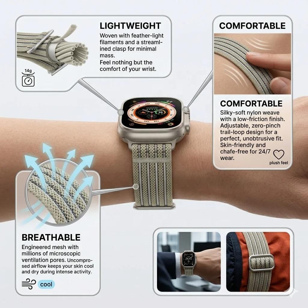 Apple Watch Braided Breathable Nylon Sport Loop Band - Adjustable Lightweight Summer Replacement Strap