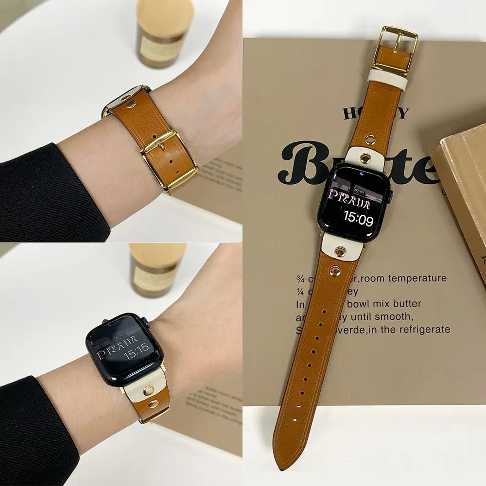 Vintage Saddle Leather Apple Watch Band For Women - Two-Tone Strap with Gold Hardware