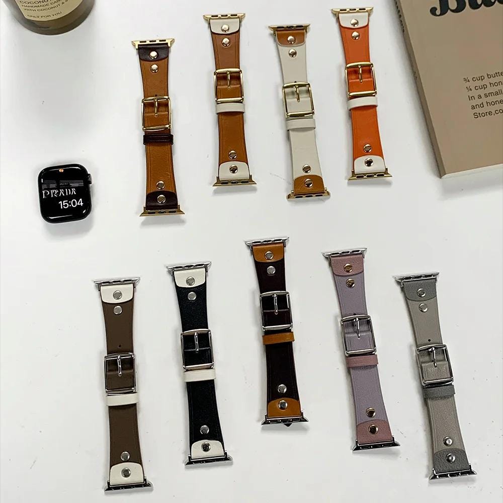 Vintage Saddle Leather Apple Watch Band For Women - Two-Tone Strap with Gold Hardware