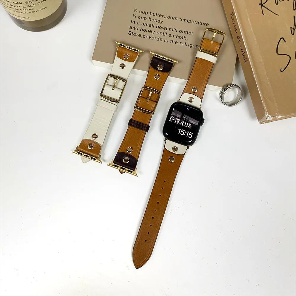 Vintage Saddle Leather Apple Watch Band For Women - Two-Tone Strap with Gold Hardware